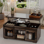 Upgraded Coffee Table with Lifting Top And Sliding Doors, Thick Panels, Industrial Metal Mesh Sides, Dual LED Accent Lights, Large Storage Center farmhouse square Table for Living Room, Dusk Walnut
