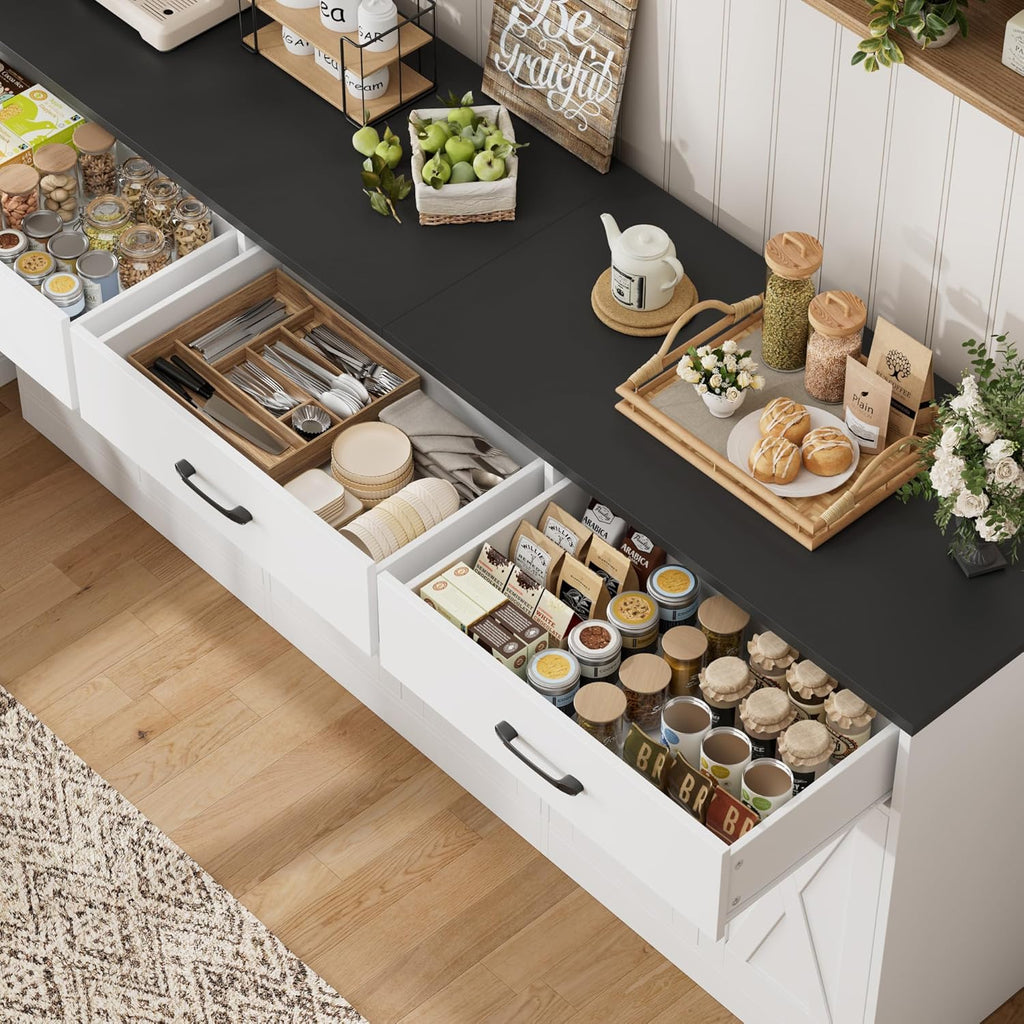 HOSTACK 71" Large Sideboard Buffet Cabinet with Storage, Farmhouse Coffee Bar Cabinet with 3 Drawers, Long Kitchen Buffet Table, Kitchen Sideboard Storage Cabinet for Dining, Living Room, White/Black