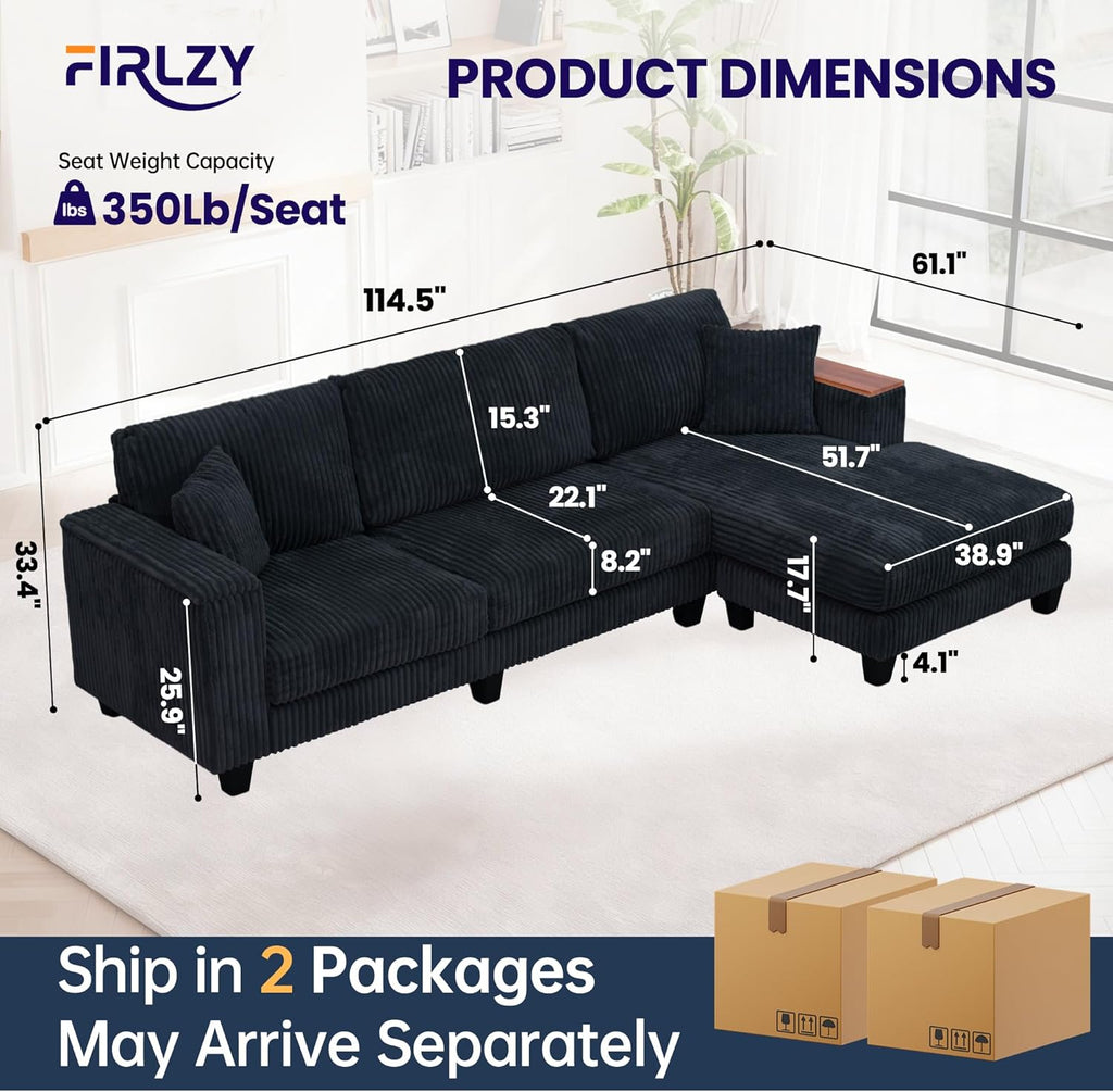 114.5" Corduroy Sectional Sofa with Armrest Storage & Reversible Chaise, Comfy L Shaped Sofa 4 Seat Sectional Couch, Modern Upholstery Couch with Removable Covers, for Living Room, Apartment, Black