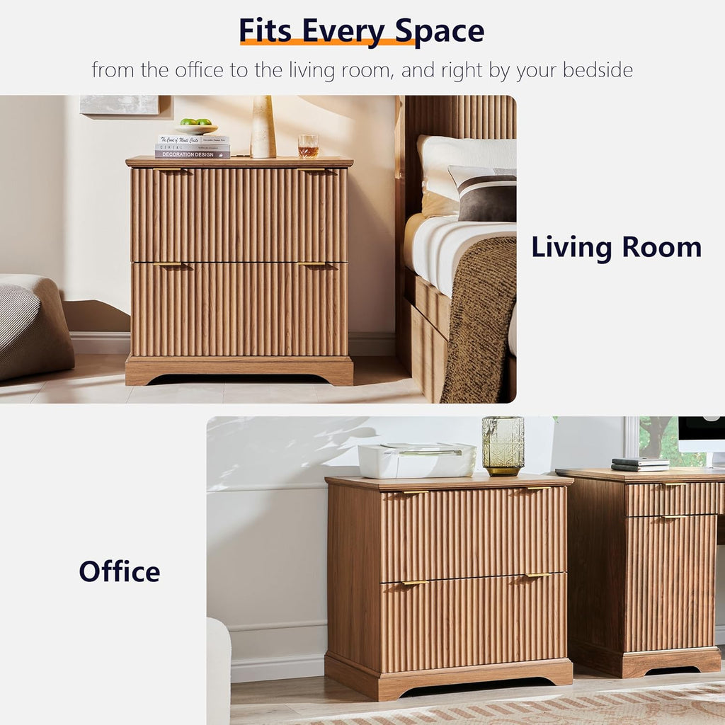 JXQTLINGMU 2 Drawer File Cabinet with Charging Station, 30" Fluted Lateral File Cabinet w/Files Hanging Rod for Letter/Legal/A4, Large Tabletop for Printer, Office Wood Printer Cabinets, Dark Grain