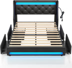 Rolanstar Queen Bed Frame with LED Lights and Charging Station, PU Leather Bed with Drawers, Wooden Slats, Noise Free, Easy Assembly, Black