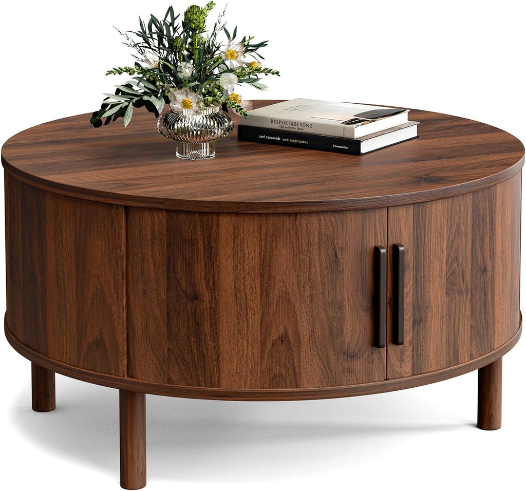ZttRiee Coffee Table for Living Room, Modern Round Coffee Table with Cabinets & Sliding Doors, Home Small Space, 29.9" Fluted Center Table, Walnut