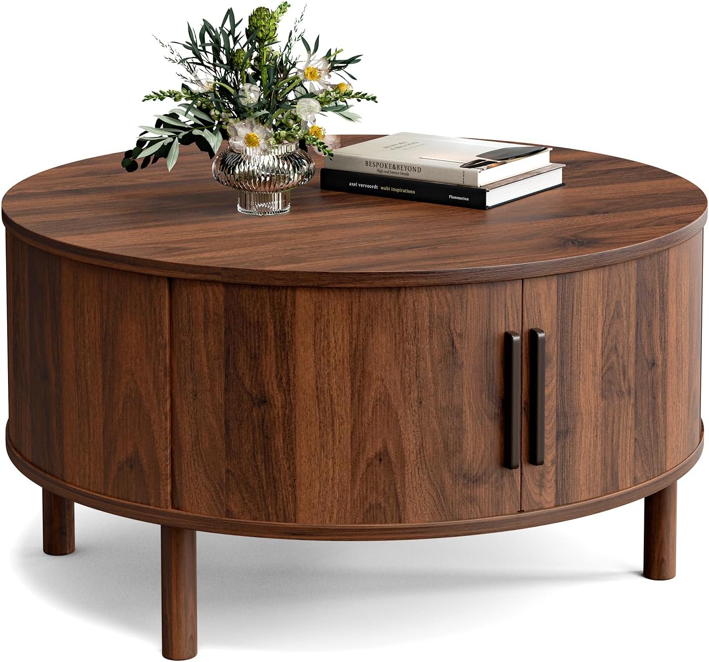 ZttRiee Coffee Table for Living Room, Modern Round Coffee Table with Cabinets & Sliding Doors, Home Small Space, 29.9" Fluted Center Table, Walnut