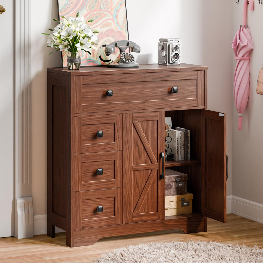 Vabches Farmhouse Storage Cabinet with 2 Doors and 4 Drawers, Freestanding Bathroom Storage Cabinet Kitchen Pantry, Floor Hutch Cupboard for Living Room/Bathroom/Kitchen,Walnut