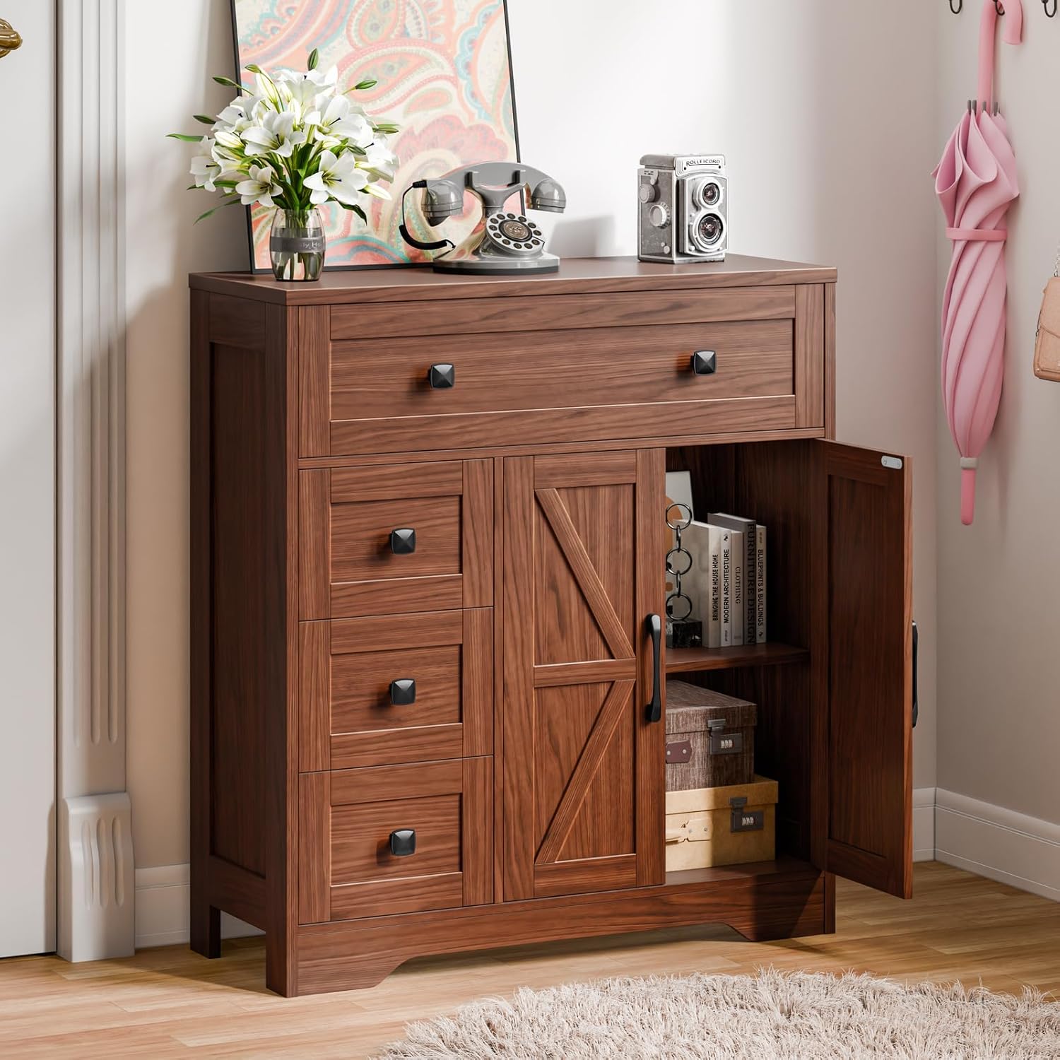 Vabches Farmhouse Storage Cabinet with 2 Doors and 4 Drawers, Freestanding Bathroom Storage Cabinet Kitchen Pantry, Floor Hutch Cupboard for Living Room/Bathroom/Kitchen,Walnut