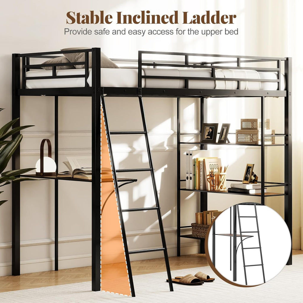 Giantex Twin Size Loft Bed with Desk & Shelves, Metal Bed Frame with Inclined Ladder & Full-Length Guardrails, High Loft Bed for Kids, Teens, Home, Dorm, Apartment, No Box Spring Needed