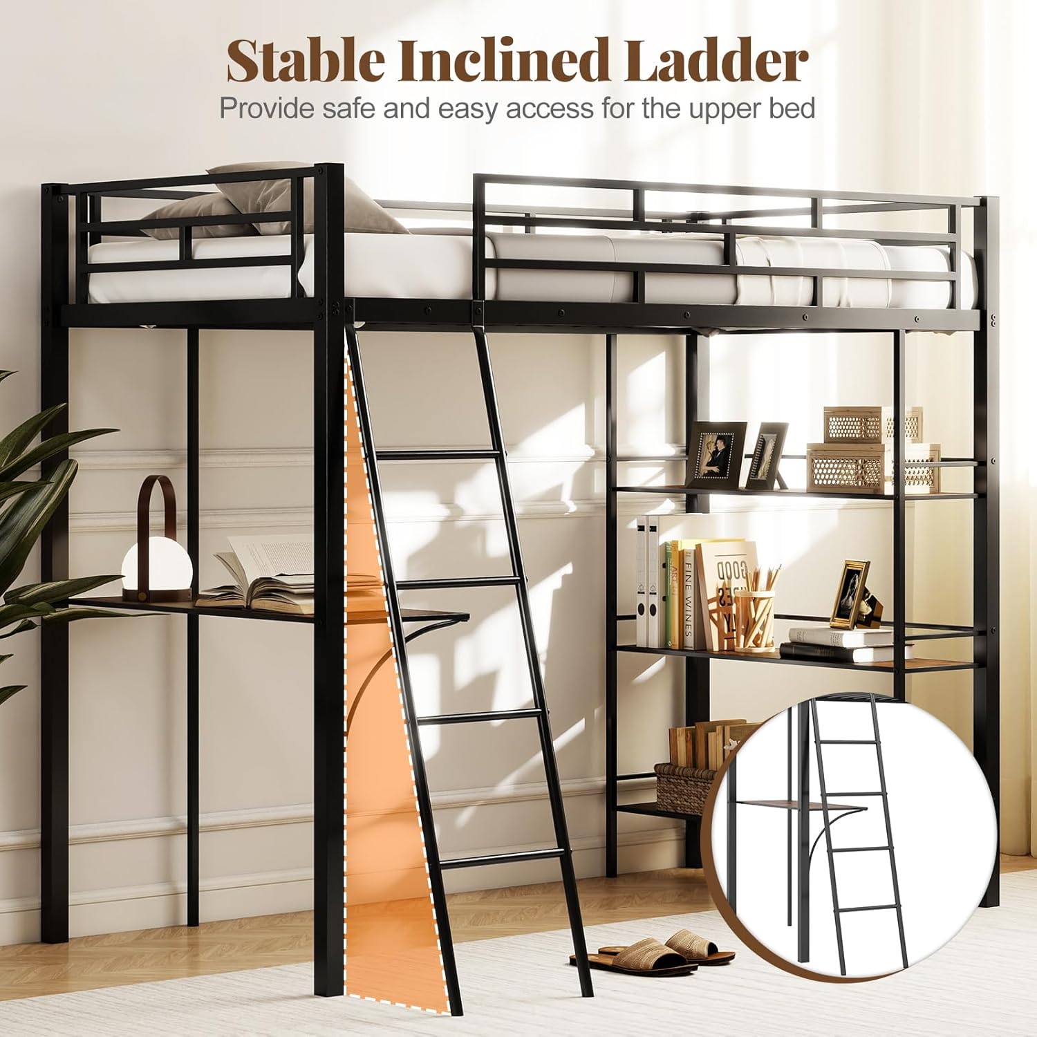 Giantex Twin Size Loft Bed with Desk & Shelves, Metal Bed Frame with Inclined Ladder & Full-Length Guardrails, High Loft Bed for Kids, Teens, Home, Dorm, Apartment, No Box Spring Needed