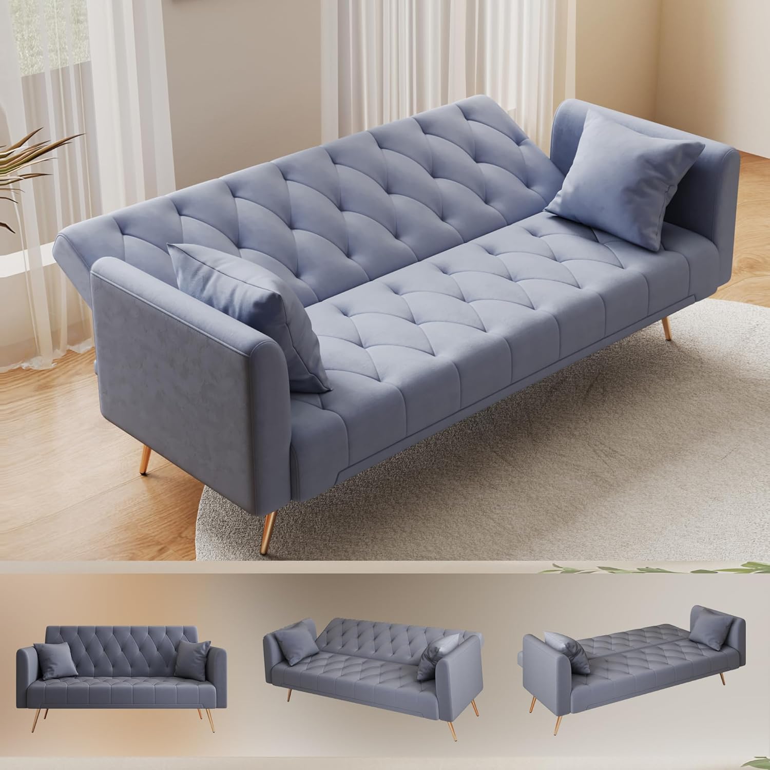 72"Modern Velvet Sofa Bed Futon,Convertible Folding Sleeper Bed Couches with 3 Adjustable Backrests,Tufted Recliner Loveseat with Golden Chrome Legs for Small Living Room Office (Dark Grey+pillows)