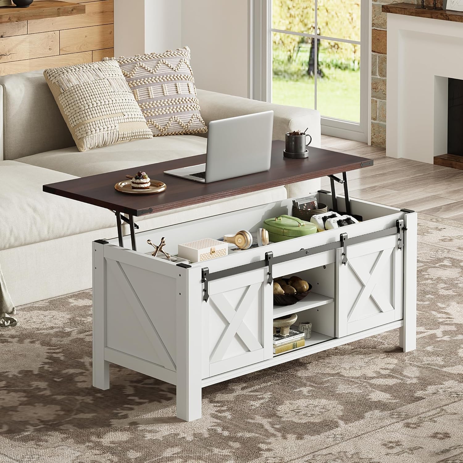 WLIVE 47.3" Farmhouse Lift Top Coffee Table with Sliding Barn Doors, Large Hidden Storage Compartment and Adjustable Shelf for Living Room,Office, White
