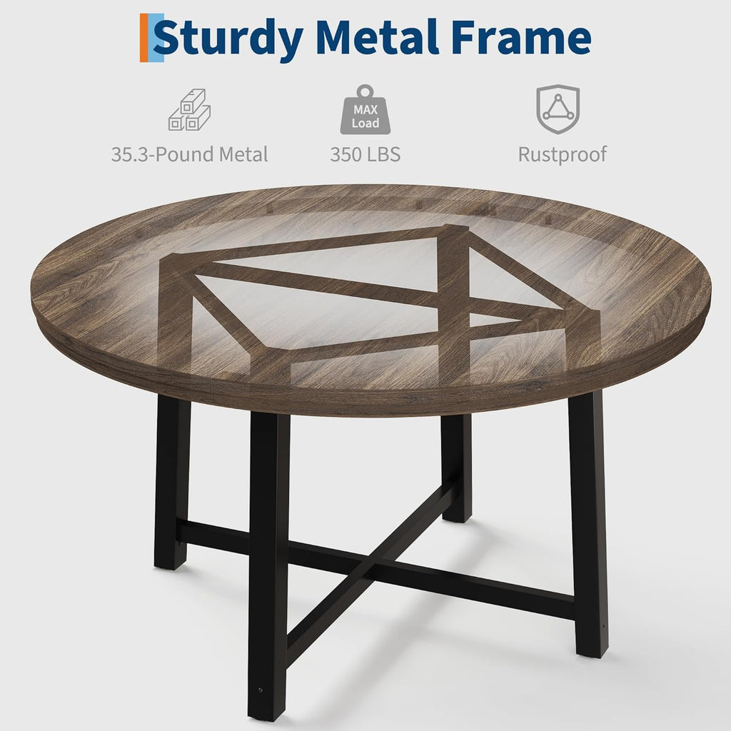 IDEALHOUSE 47" Round Dining Table for 4, Kitchen Dining Room Table with Sturdy Metal Frame, Wood Circle Kitchen Table for Space Saving -Brown (No Chairs)