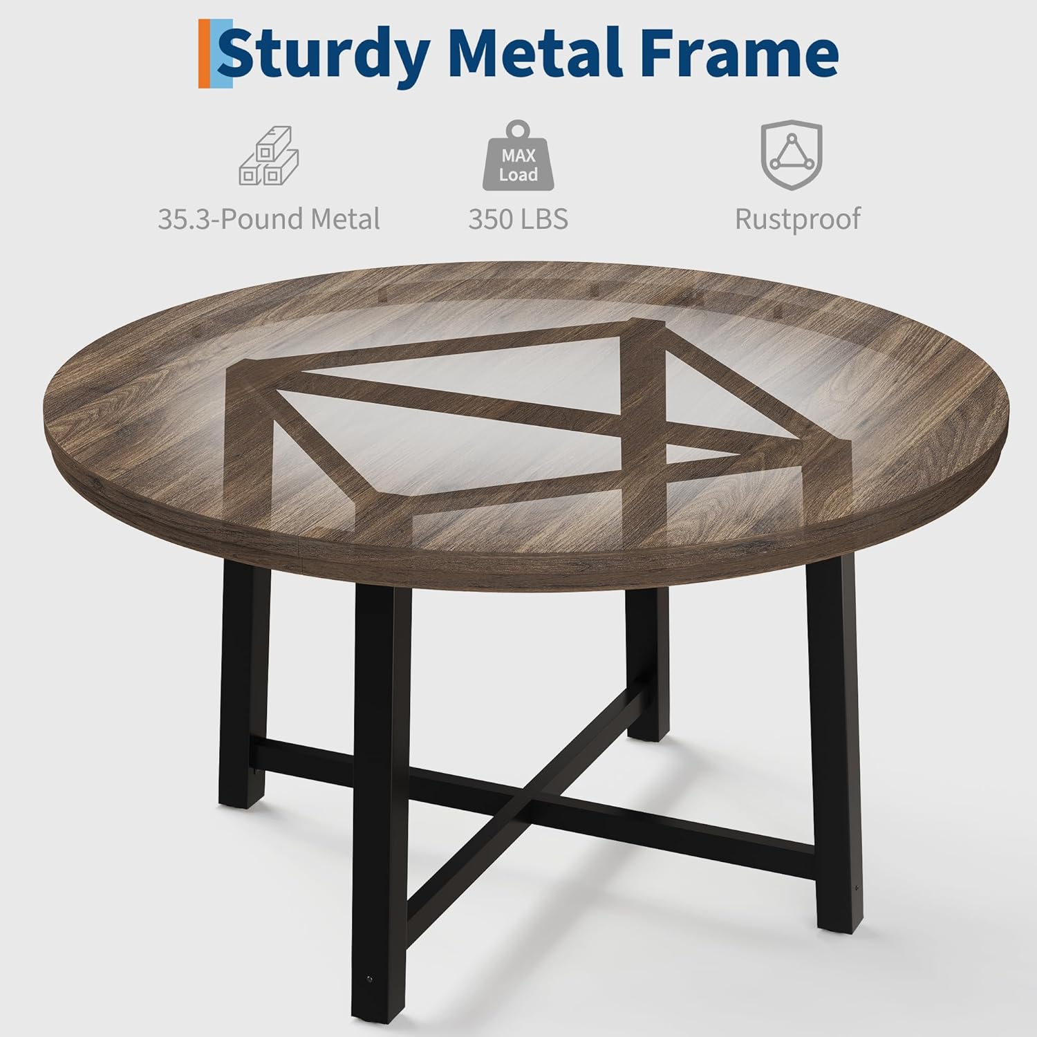 IDEALHOUSE 47" Round Dining Table for 4, Kitchen Dining Room Table with Sturdy Metal Frame, Wood Circle Kitchen Table for Space Saving -Brown (No Chairs)