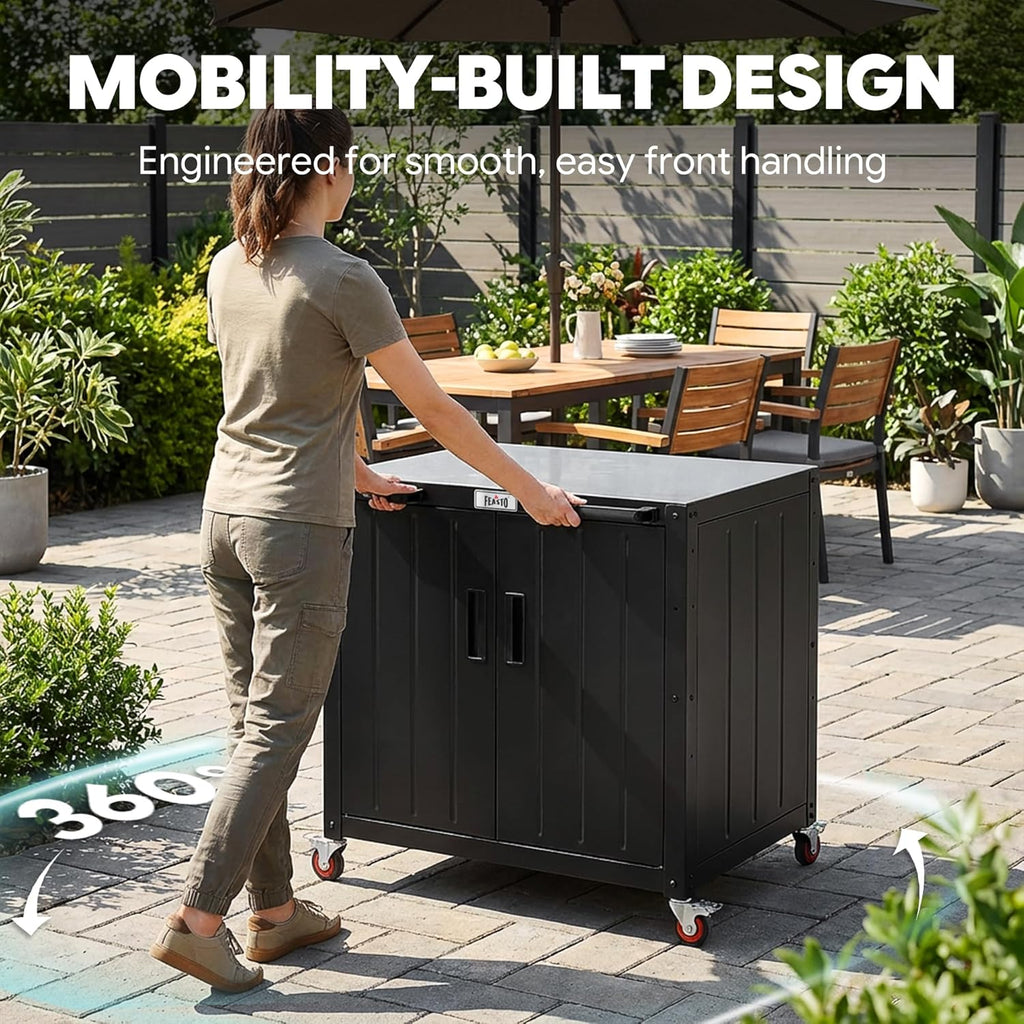 Outdoor Grill Cart with Storage Cabinet and Stainless Steel Top  35-Inch Outdoor Grill Station with Door  Modular Kitchen Island for Food Prep and BBQ  Black & Silver