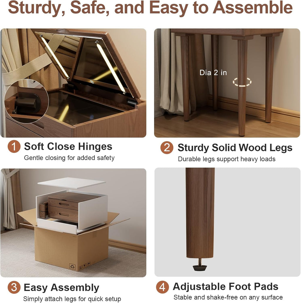 Solid Wood Small Vanity Desk with Mirror and Lights, Narrow Makeup Vanity for Small Space, Flip Top Vanity Side Table, 3 Color Modes & Adjustable Brightness, 19.6" Slim Dressing Table, Walnut
