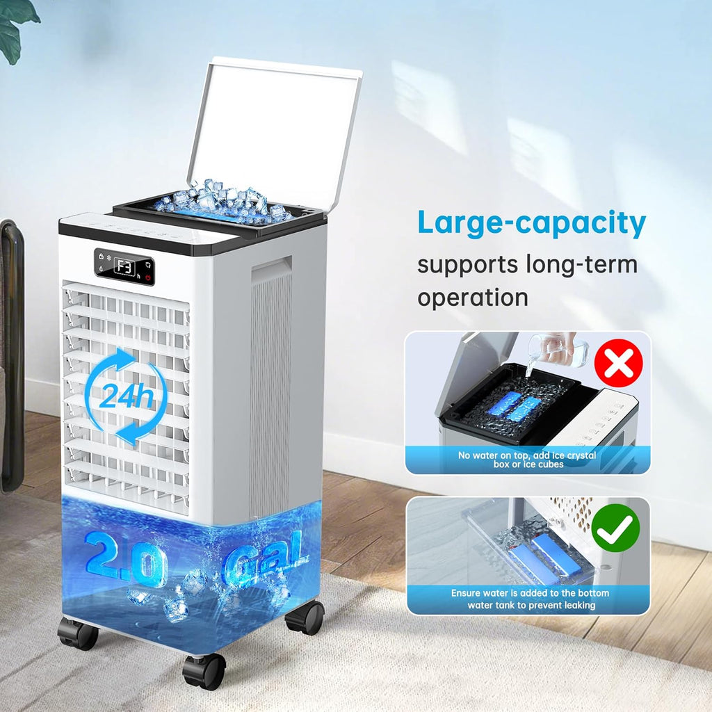 Feculs Portable Air Conditioners No Windows Needed, 3-IN-1 Swamp Cooler, Evaporative Air Cooler, 4 Modes & 3 Speeds, 2-Gal Water Tank for Long Cooling, Max 20 FT/S Remote Control, 12 Hours Timer