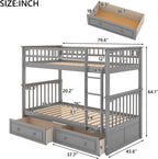 Merax Twin Over Twin Bunk Bed with 2 Storage Drawers and Ladder, Can be Devided into 2 Beds, No Spring Box Needed, Grey