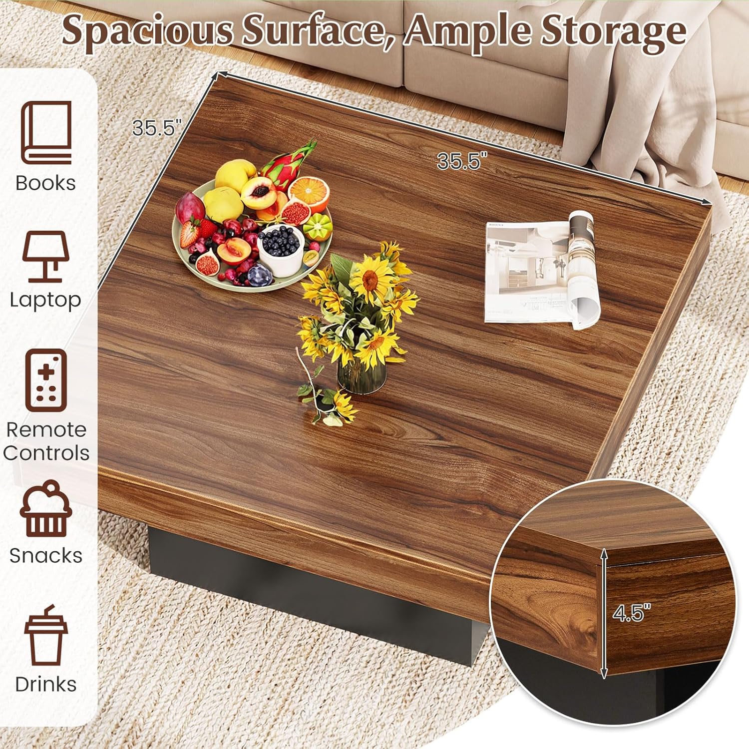 Giantex LED Coffee Table, Square Center Table with Remote, 21 Dynamic Modes, 20 Static Colors, Adjustable Brightness & Speed, Wood Low Cocktail Accent Table, Modern Living Room Table (Brown)