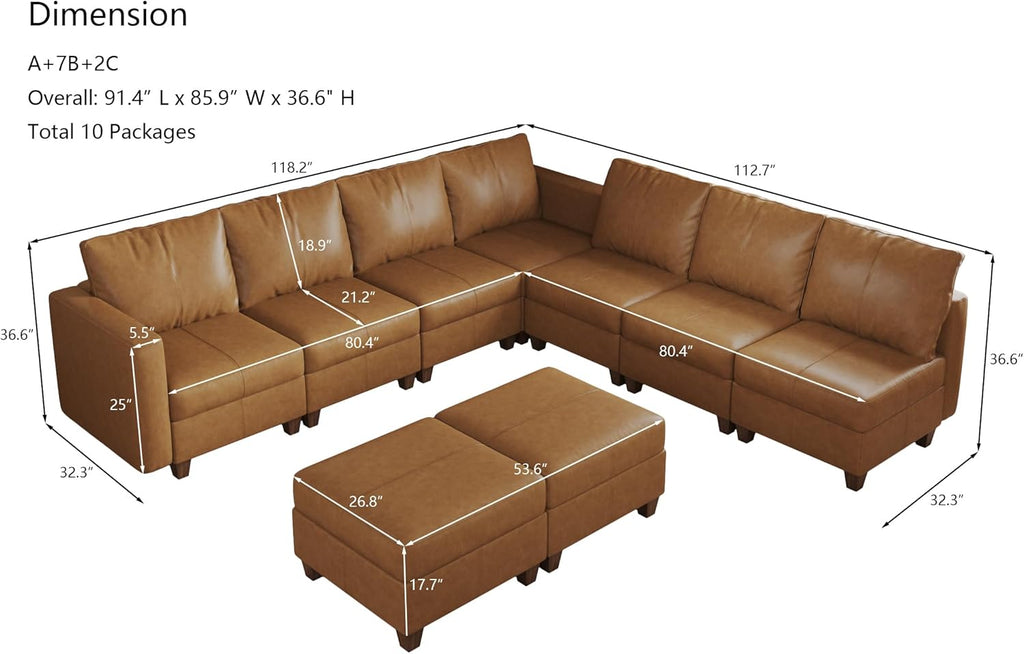 EASE MOOSE Modular Sectional Couch with Storage, Faux Leather Sectional Modular Sofa Sectional Sofa for Living Room .Brown