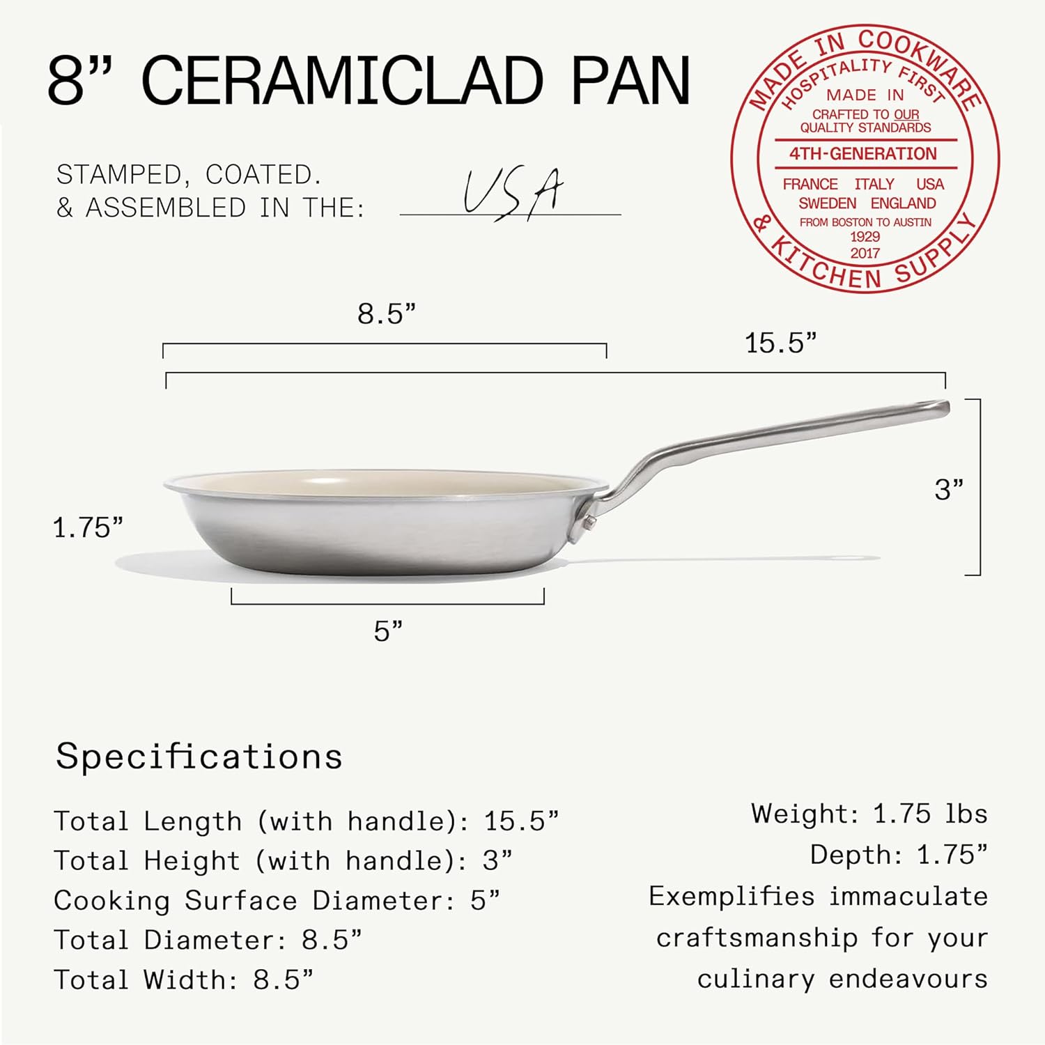 Made In Cookware | 3-Piece (Includes 8", 10", 12") Ceramic Non Stick Frying Pan Set (Stainless Handle) | 5-Ply Stainless Clad with Stay-Cool Handle | Professional Cookware