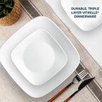 Corelle Vitrelle 18-Piece Service for 6 Square Dinnerware Set Triple Layer Glass and Chip Resistant, Lightweight Square Plates and Bowls Set, Pure White