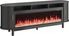 70 Inch Modern Fireplace TV Stand for TVs up to 80 inches, Mid Century TV Console with Solid Wood Legs, Sliding Doors & Curved Design,Media Console for Living Room, Black