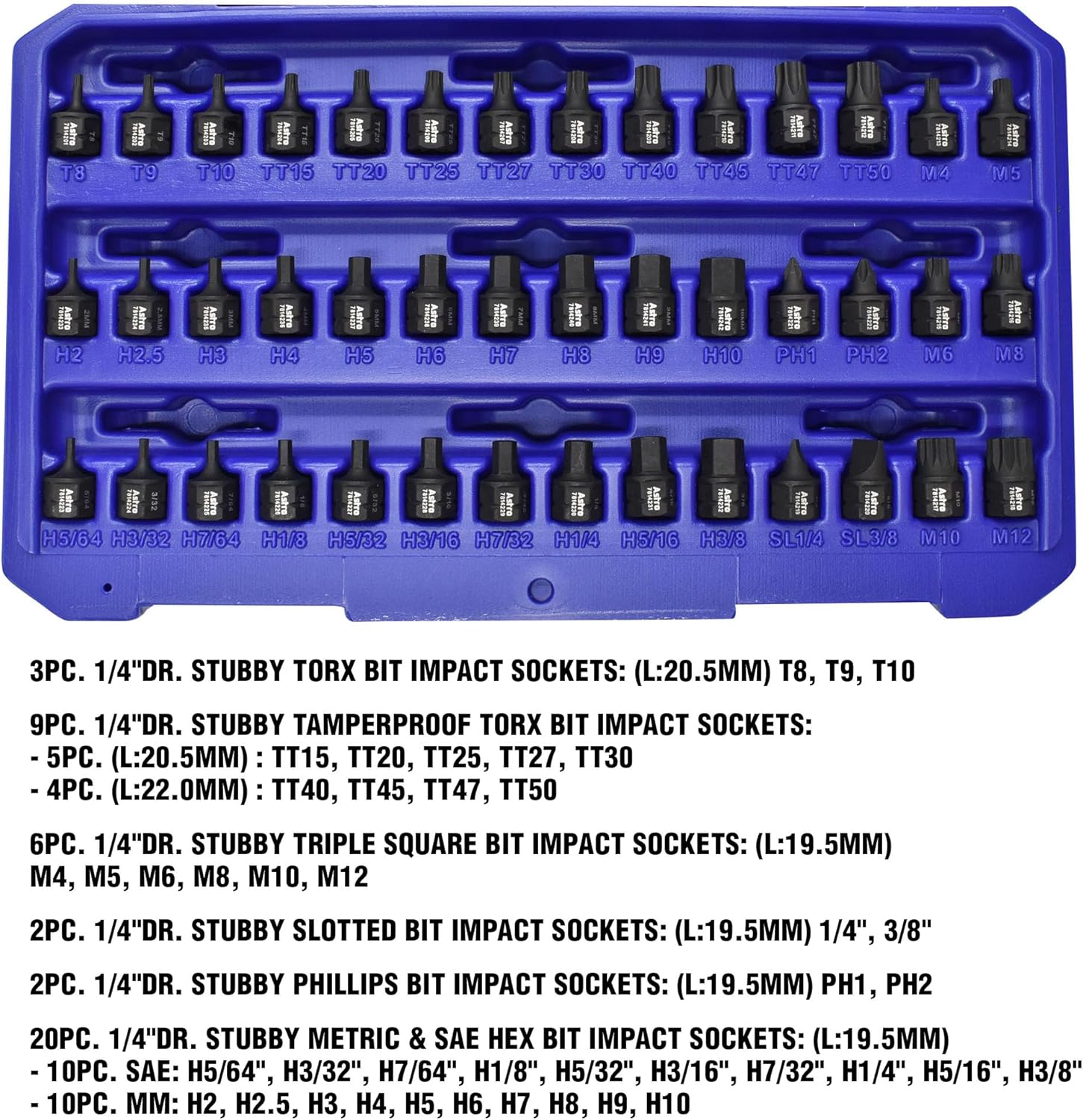 Astro Tools 78142 42pc 1/4" Drive Low Profile Nano Impact Bit Socket Set