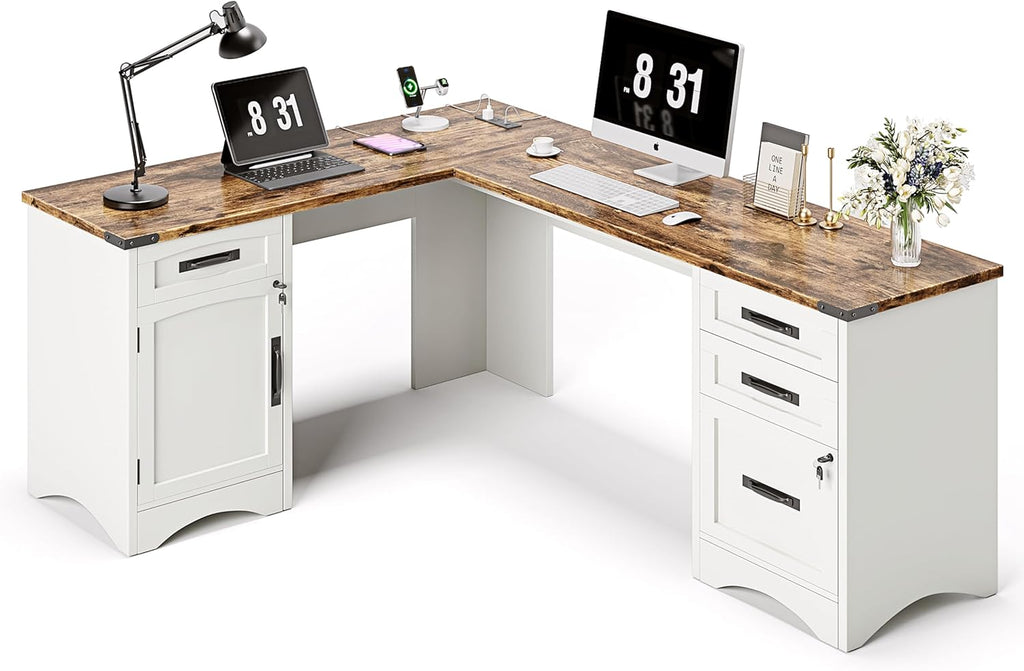 L Shaped Farmhouse Executive Desk with Drawers, 67" Home Office Desks with Fast Charging Station, Lockable File Cabinet, Wood Writing Computer Desk for Work, Study, White