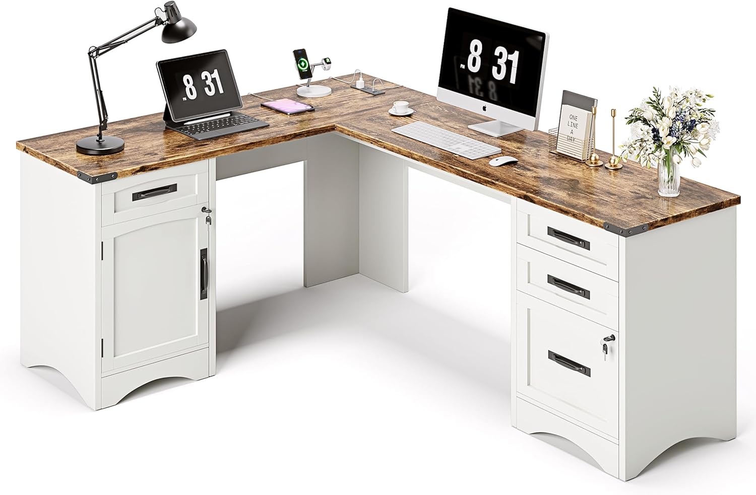 L Shaped Farmhouse Executive Desk with Drawers, 67" Home Office Desks with Fast Charging Station, Lockable File Cabinet, Wood Writing Computer Desk for Work, Study, White