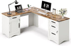 L Shaped Farmhouse Executive Desk with Drawers, 67" Home Office Desks with Fast Charging Station, Lockable File Cabinet, Wood Writing Computer Desk for Work, Study, White