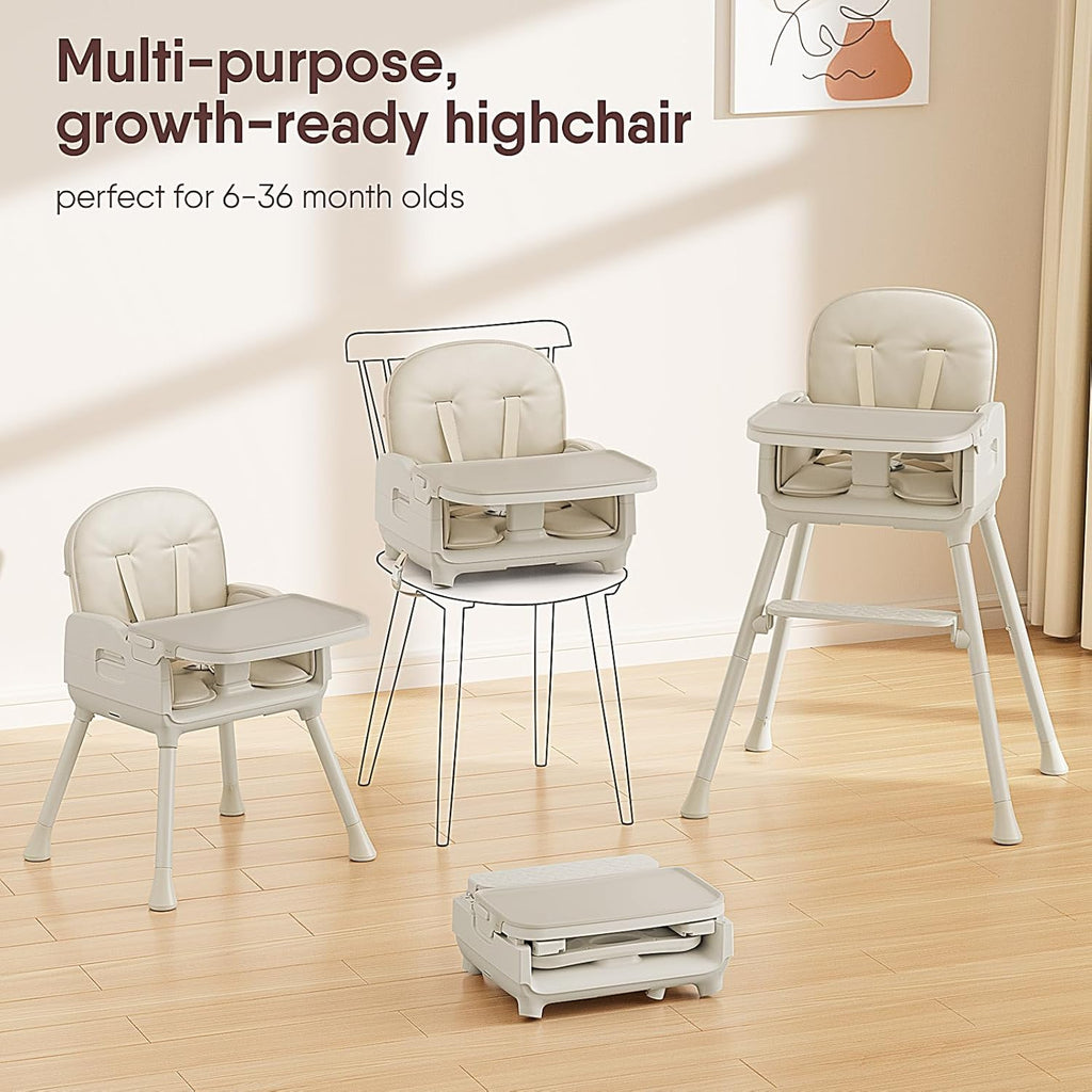 Obee Odee 3-in-1 Portable Baby High Chair for Babies and Toddlers, Convertible Easy Clean Infant Foldable Highchair with Adjustable Legs & Dishwasher Safe Tray, Beige
