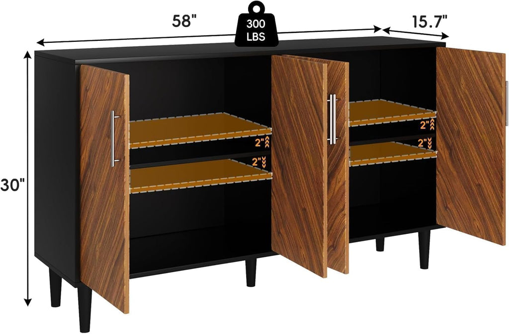 4 EVER WINNER 58" Buffet Cabinet with Storage, Coffee Bar Cabinet with 4 Large Doors, Storage Cabinet with Adjustable Shelves for Living Room, Kitchen, Black