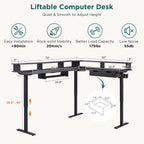 RedLemon 75X60 Inches L Shaped Electric Standing Desk, Height Adjustable Corner Gaming Desk with Drawers, Power Outlets & LED Lights, Computer Desk with Monitor Shelf, Carbon Fiber Black