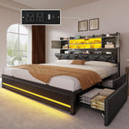 DWVO Queen Size Bed Frame with RGB LED Lights & Storage Bookcase Headboard, Upholstered Bed with Charging Station and 4 Drawers, No Box Spring Needed, Easy Assembly, Noise-Free, PU Leather Black