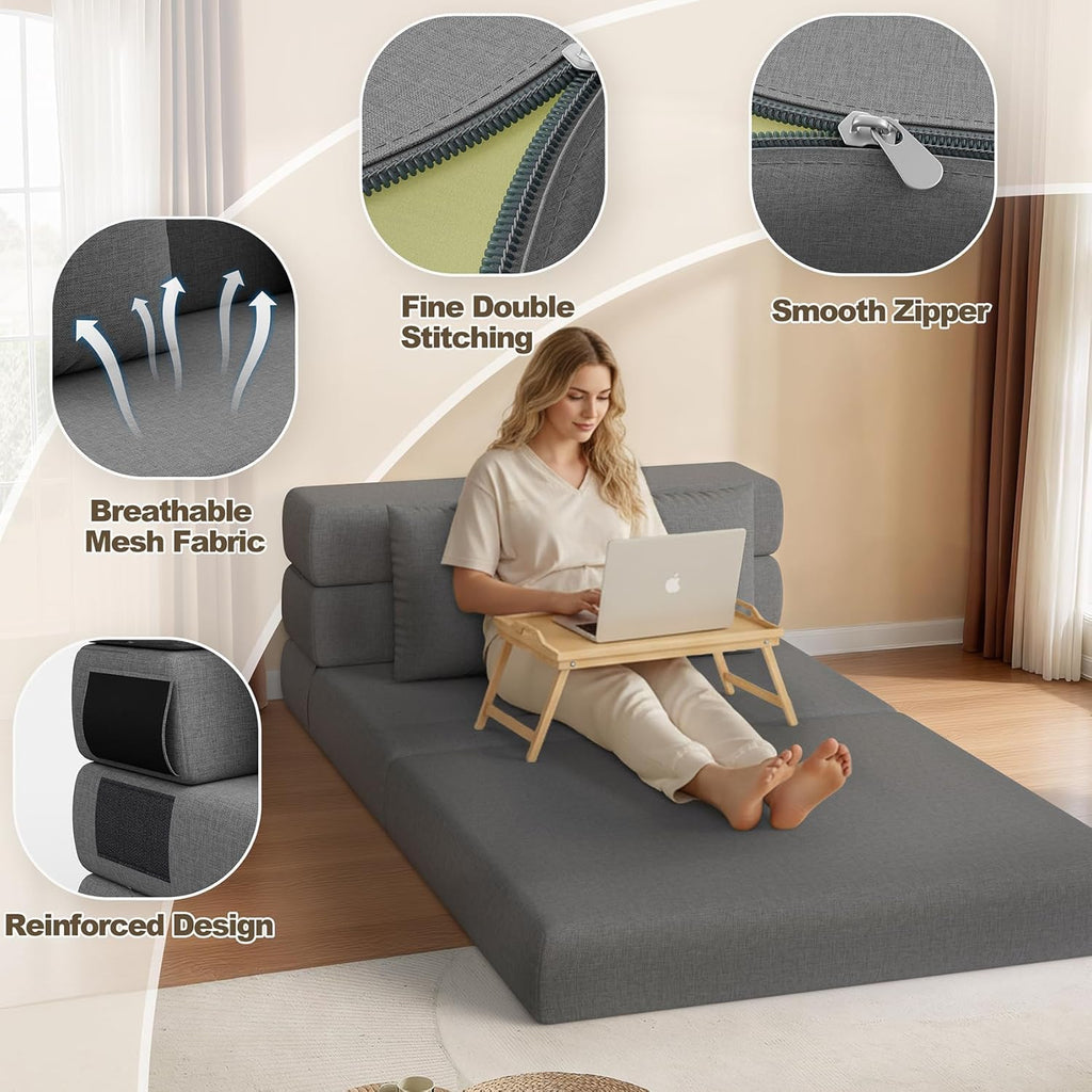 Folding Sofa Bed, Convertible Sleeper Chair & Couch Bed with Pillow, One-Piece High-Density Sponge Mattress, Multi-Purpose Floor Sofa for Living Room, Office, Dorm, Apartment, Grey, Single