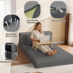 Folding Sofa Bed, Convertible Sleeper Chair & Couch Bed with Pillow, One-Piece High-Density Sponge Mattress, Multi-Purpose Floor Sofa for Living Room, Office, Dorm, Apartment, Grey, Single