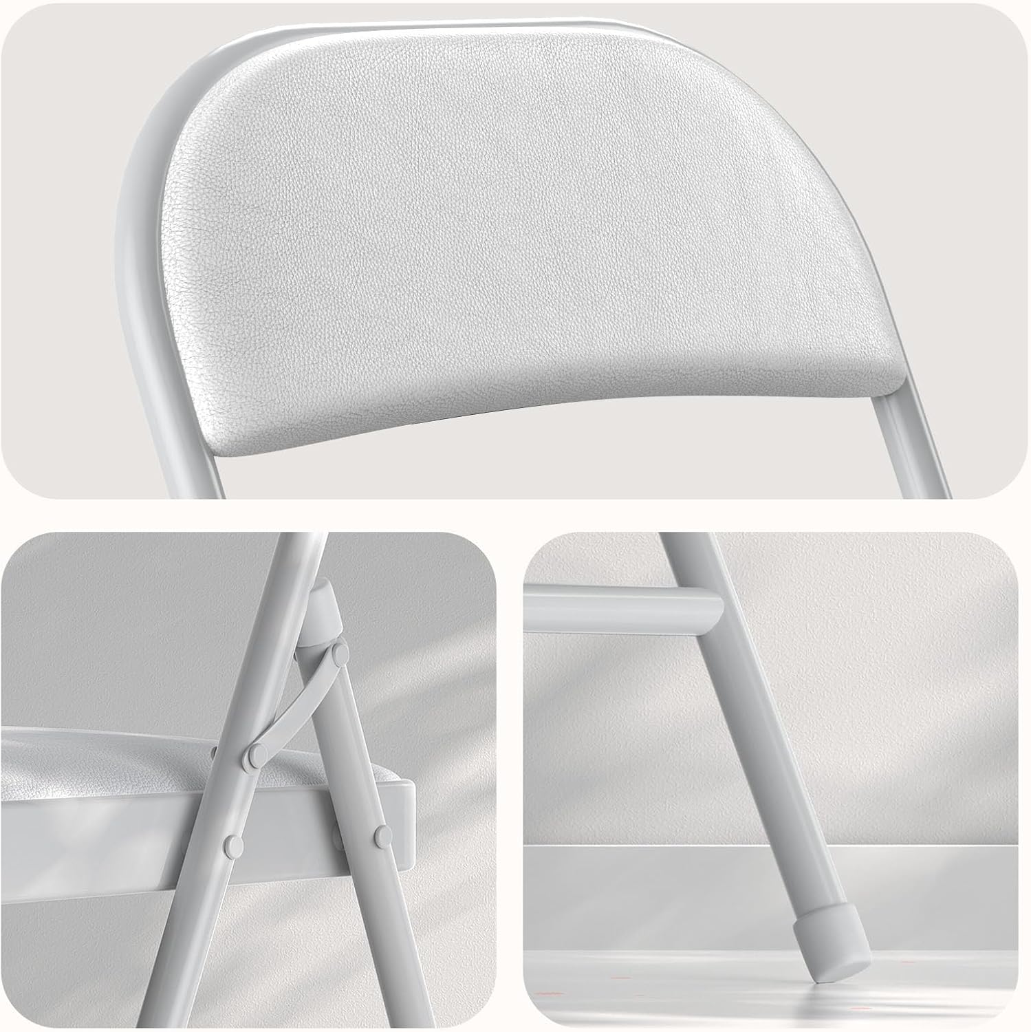 Nazhura 4 Pack Folding Chairs with Padded Cushion and Back, Khaki Metal Chairs with Comfortable Cushion and Durable Steel Frame for Home and Office, for Indoor and Outdoor Events (White, 4 Pack)