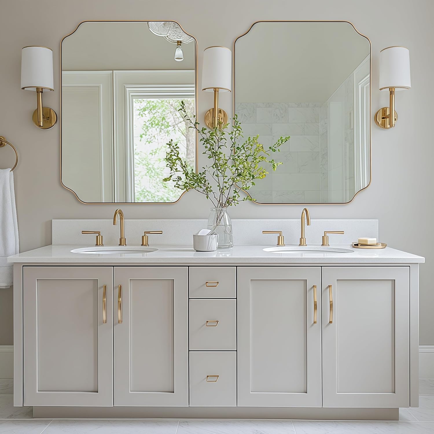 Gold Bathroom Mirror 30x40 Inch, Scalloped Brass Mirrors for Bathroom Sink, Notched Corner Rectangle Mirror in 1'' Stainless Steel Metal Frame Home Remodel Wall Mount Vertical/Horizontal