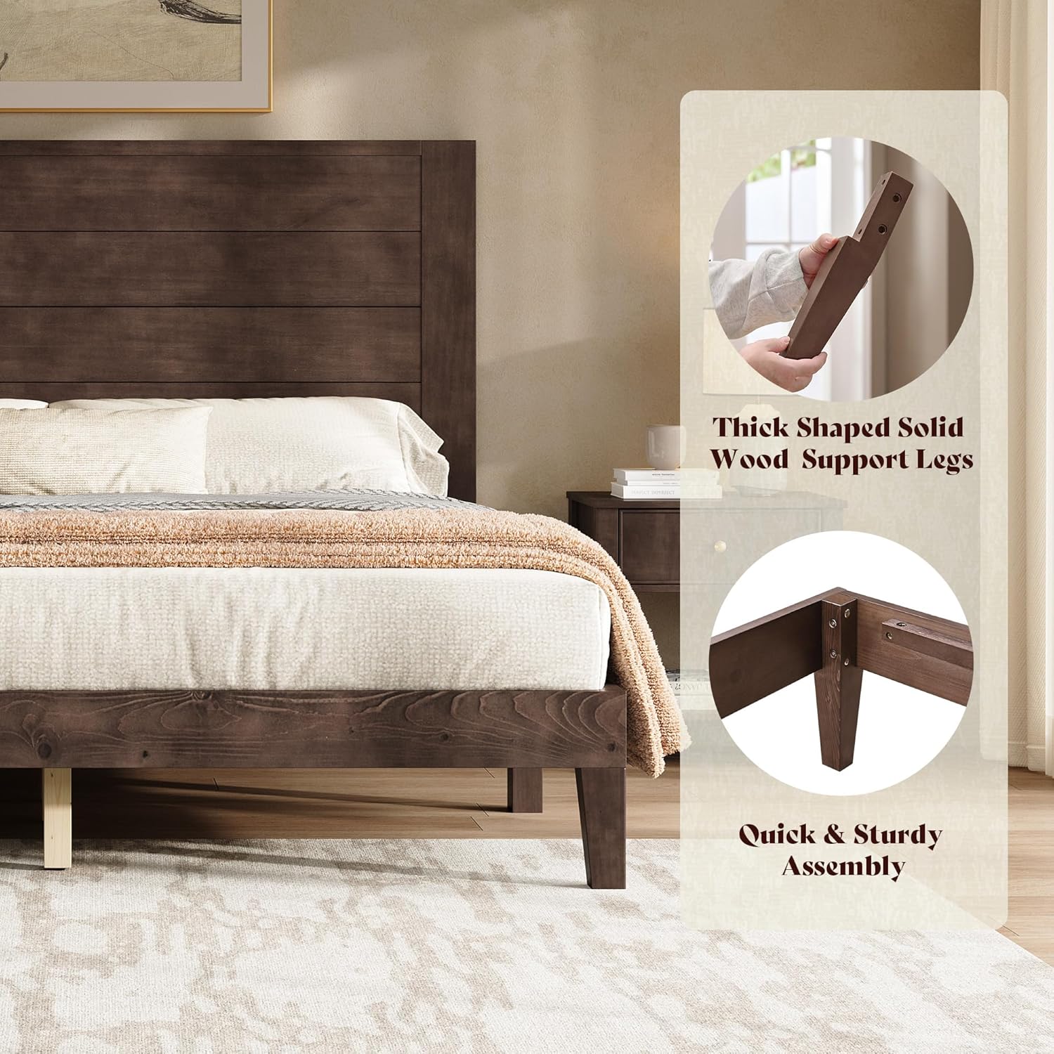 AMERLIFE Queen Sizes Solid Wood Bed Frame with 48" Headboard, Mid Century Modern Platform Bed with Silent Wood Slat System, No Box Spring Needed, Under-Bed Storage, Walnut