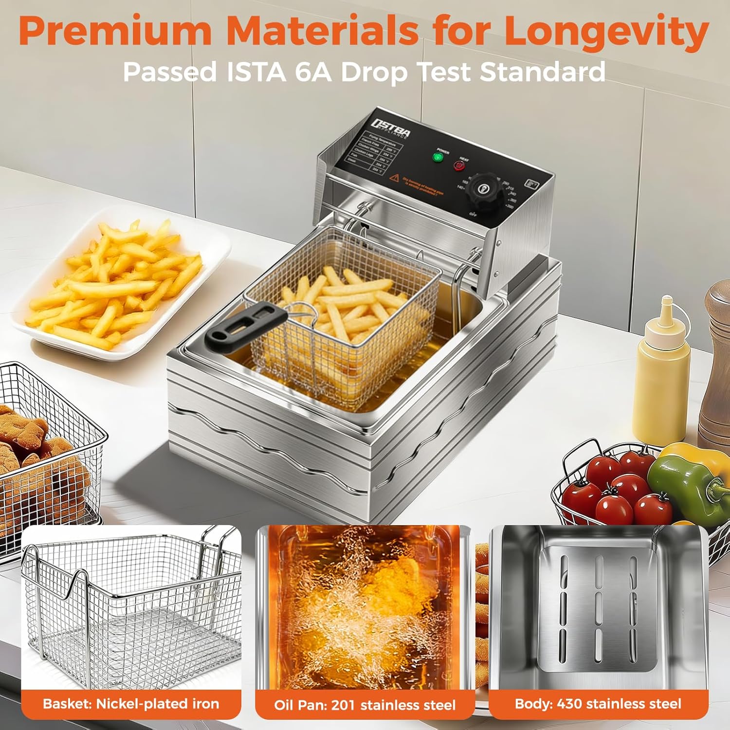 OSTBA Electric Deep Fryer with Basket, 10.36QT Countertop Fryer, 1600W Stainless Steel Commercial Deep Fryer with Adjustable Temperature 140–390℉, Removable Basket & Oil Tank