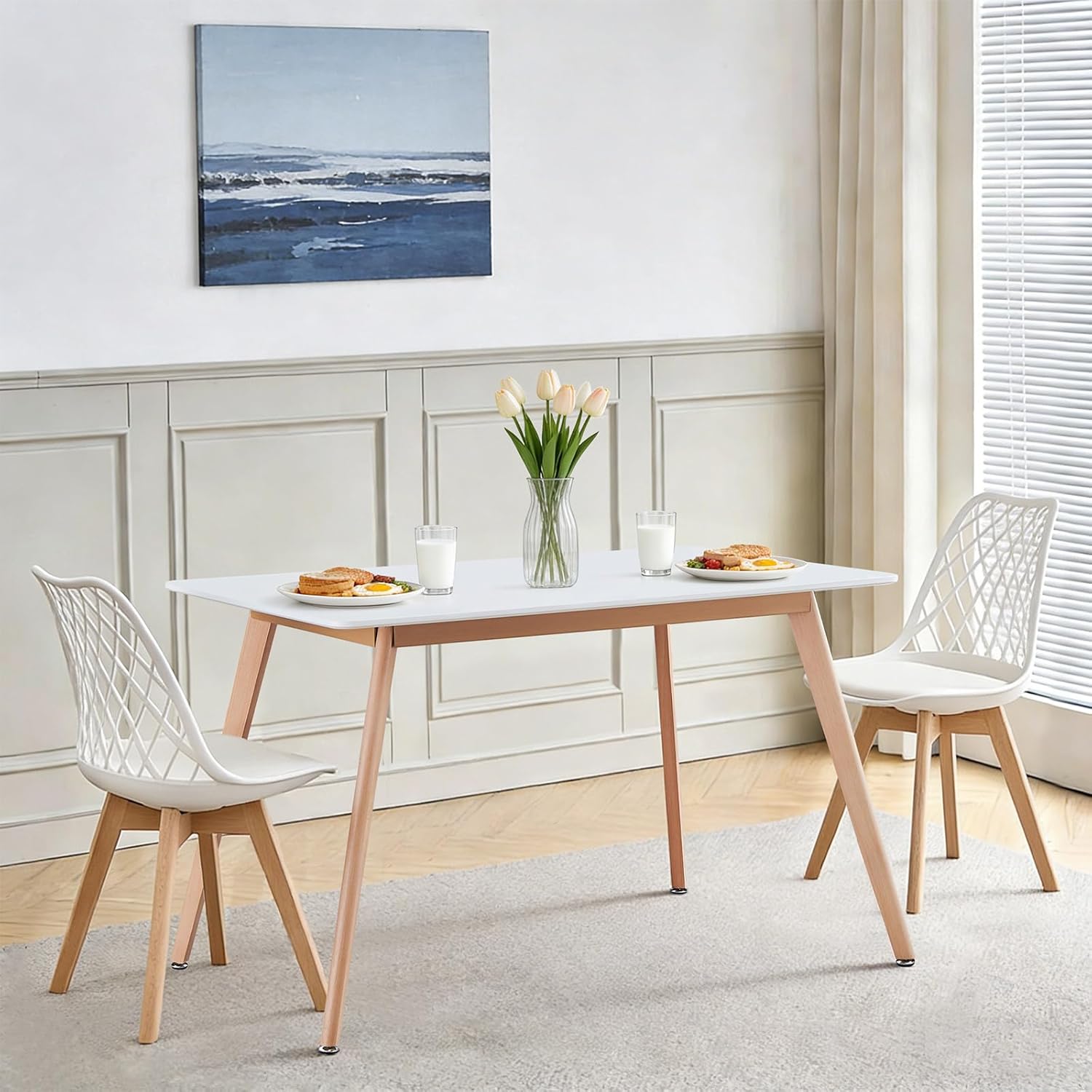 47.2" Rectangular White Dining Table for 4-6 People, Modern Kitchen Table with Wood Legs, Mid Century Design for Dining Room & Living Room