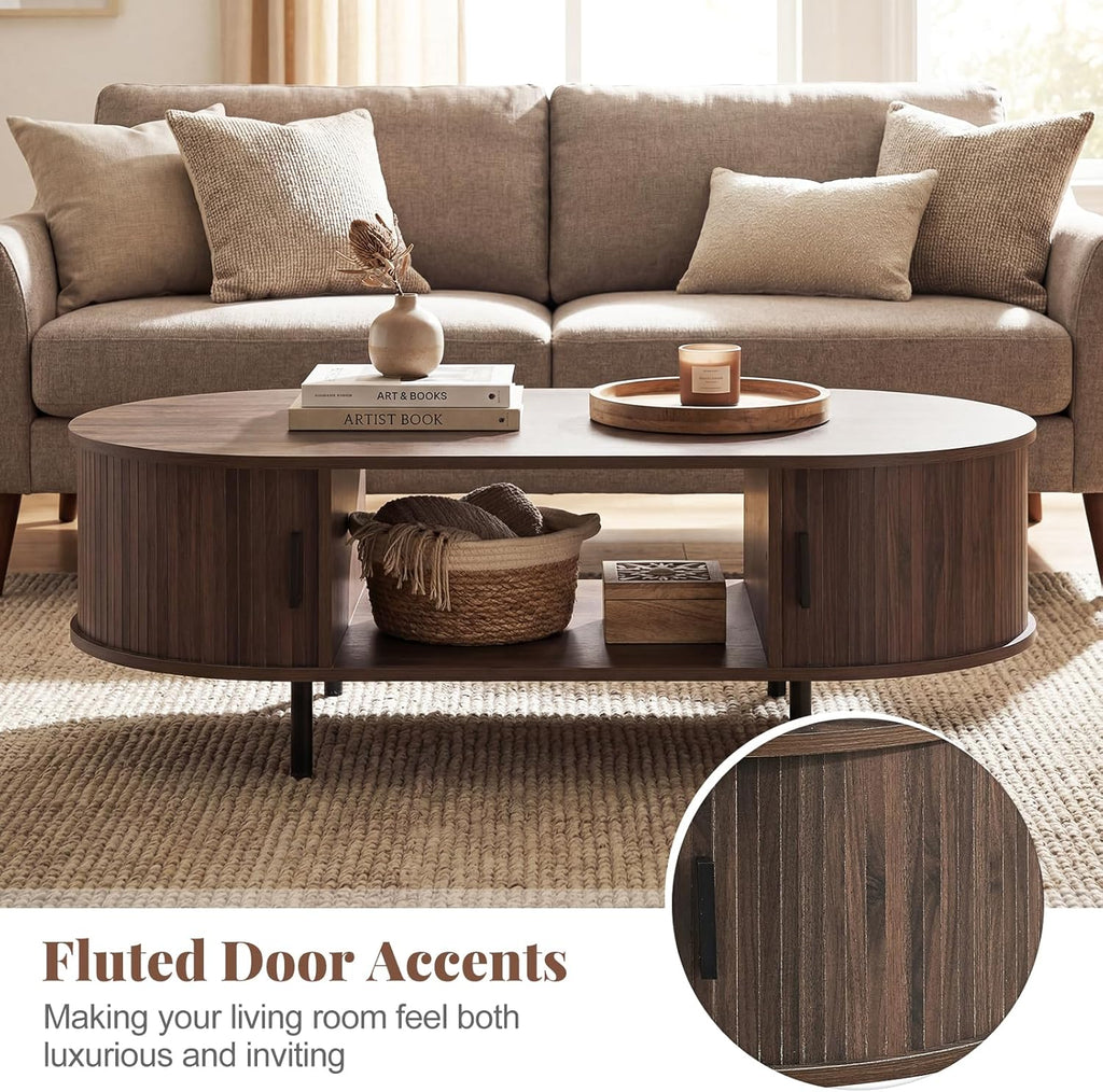 Giantex Oval Coffee Table, 47.5" Mid Century Modern Center Table with Sliding Tambour Doors, Hidden Storage & Open Compartment, Fluted Wood Living Room Tables for Small Space (Walnut)