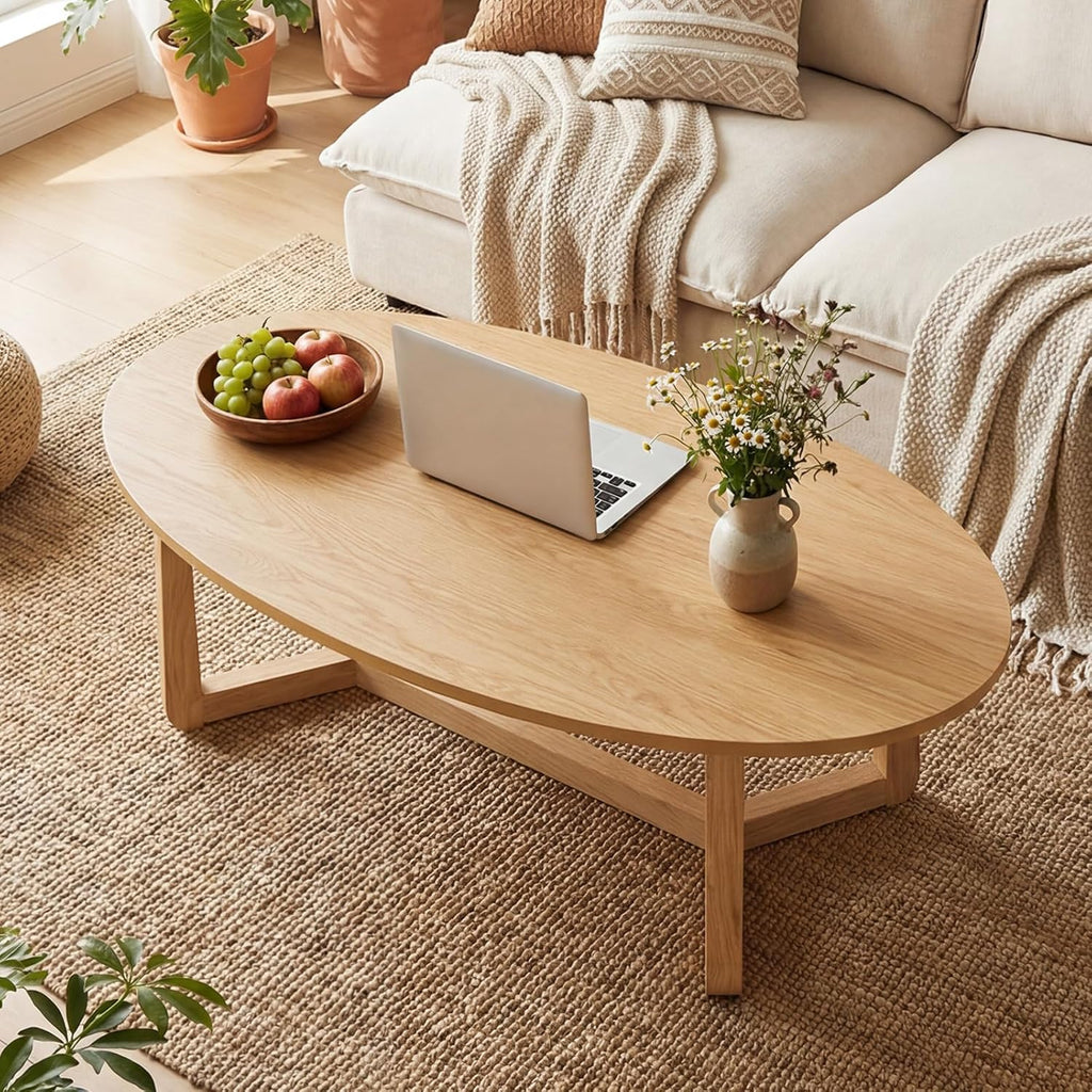 Giantex Oval Coffee Table, 46'' Wood Center Table with Thickened Top & Solid Rubber Wood Frame, Low Profile Cocktail Accent Table, Modern Living Room Table, Natural