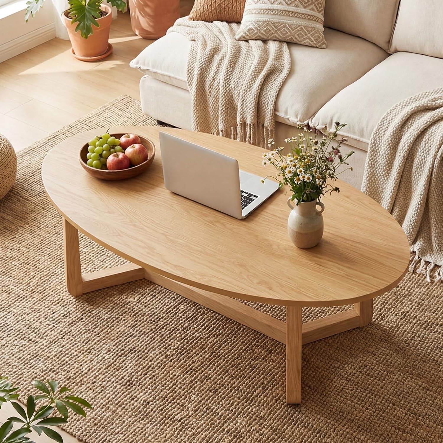 Giantex Oval Coffee Table, 46'' Wood Center Table with Thickened Top & Solid Rubber Wood Frame, Low Profile Cocktail Accent Table, Modern Living Room Table, Natural