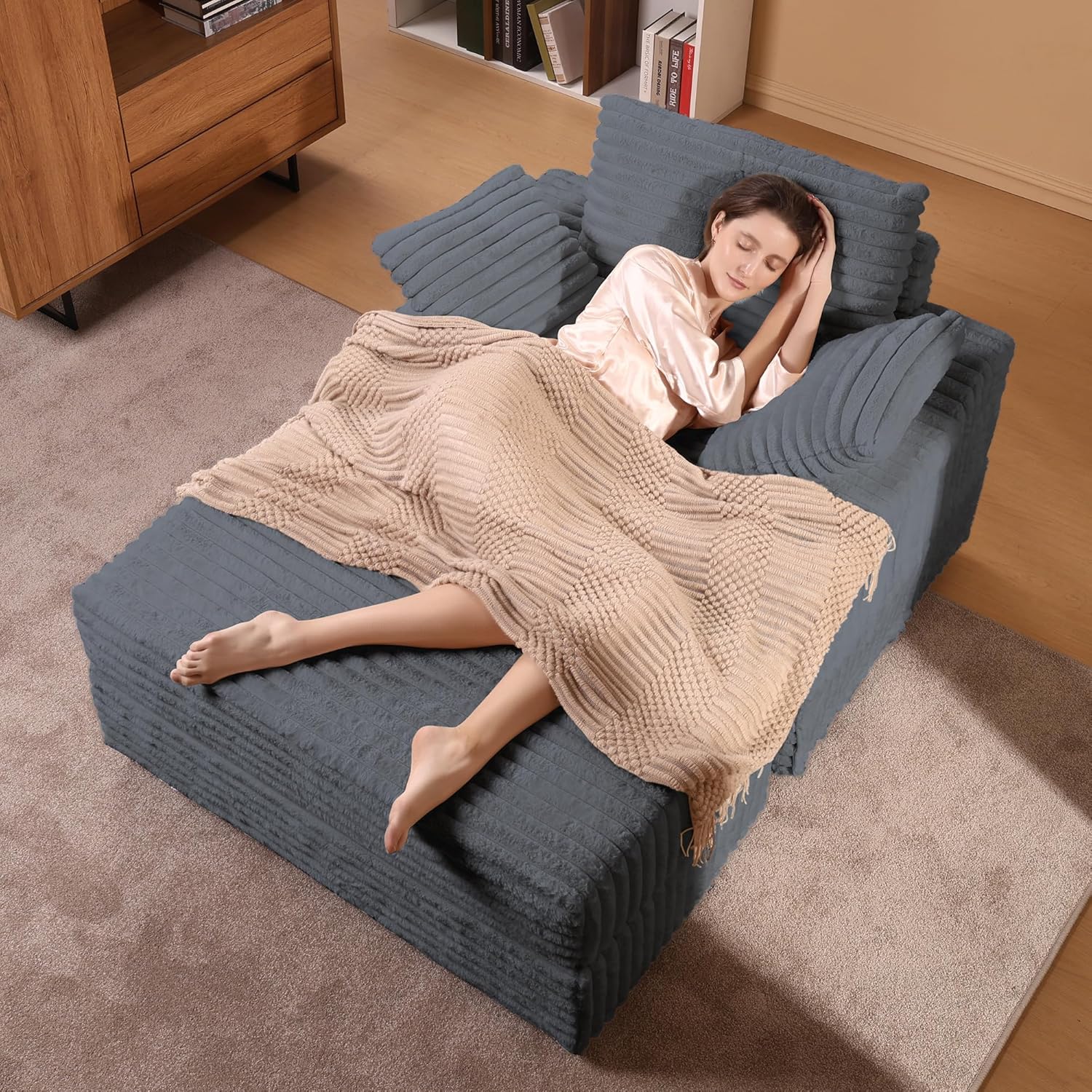 GarveeHome Oversized Chaise Lounge Chair Indoor with Storage Ottoman, Upholstered Corduroy Sofa Bed Cloud Couch with 3 Pillows, Single Sleeper Sofa Chair for Living Room, Bedroom (Grey)