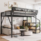 Full Size Loft Bed with Stairs and Storage, Metal Loft Bed Frame with Bedside Shelf and Large Under-Bed Space, Heavy-Duty Bed for Adults Teens and Kids, Convertible Staircase, Black