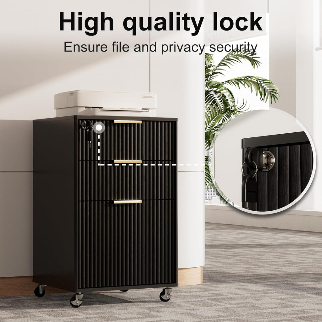 INNOD 3 Drawer Fluted Mobile File Cabinet with Lock, Rolling File Cabinet, Under Desk Wooden Filing Cabinets for Home Office (Black)
