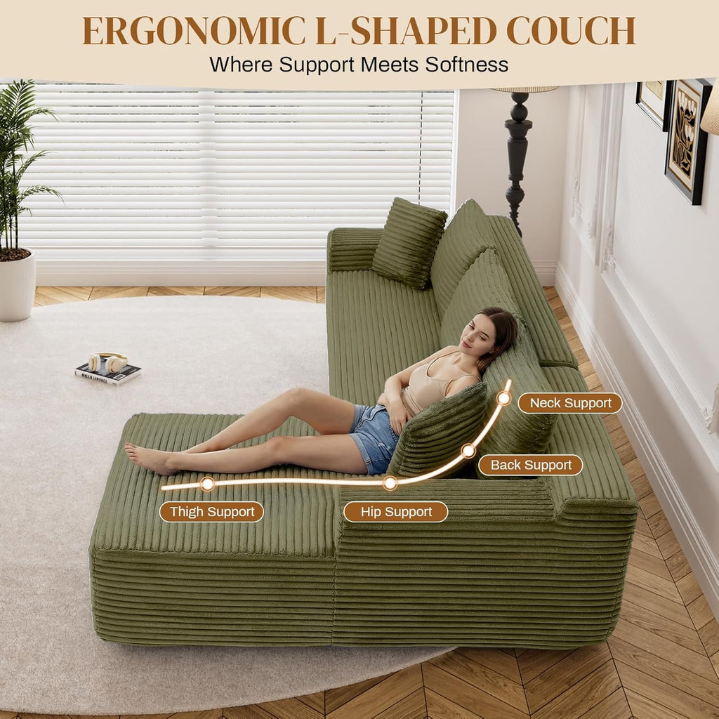 95" Boneless Cloud Sectional Couches for Living Room, Comfy Fluffy L Shaped Memory Foam Deep Seat Boneless Couch, Modular Sectional Sofa with Left Facing Chaise, Olive Green