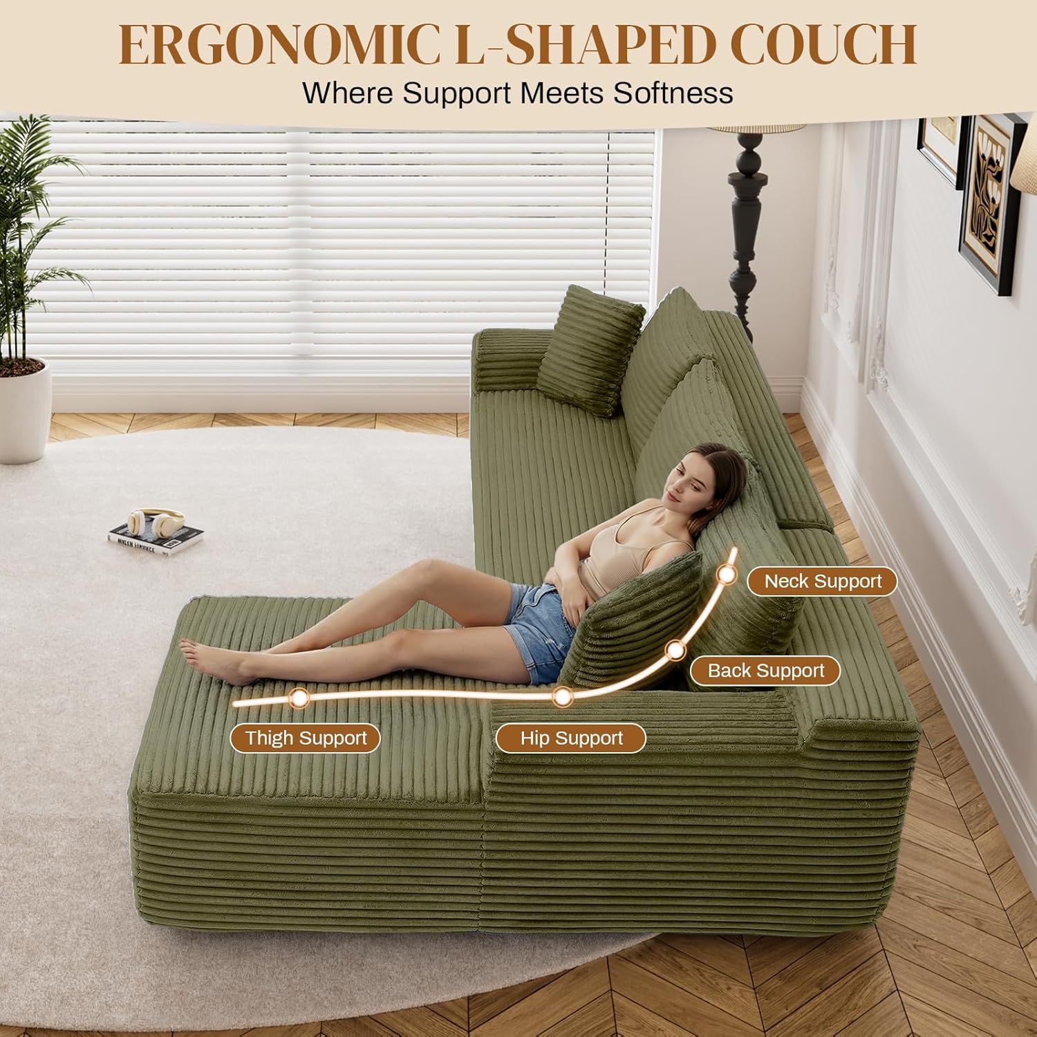 95" Boneless Cloud Sectional Couches for Living Room, Comfy Fluffy L Shaped Memory Foam Deep Seat Boneless Couch, Modular Sectional Sofa with Left Facing Chaise, Olive Green