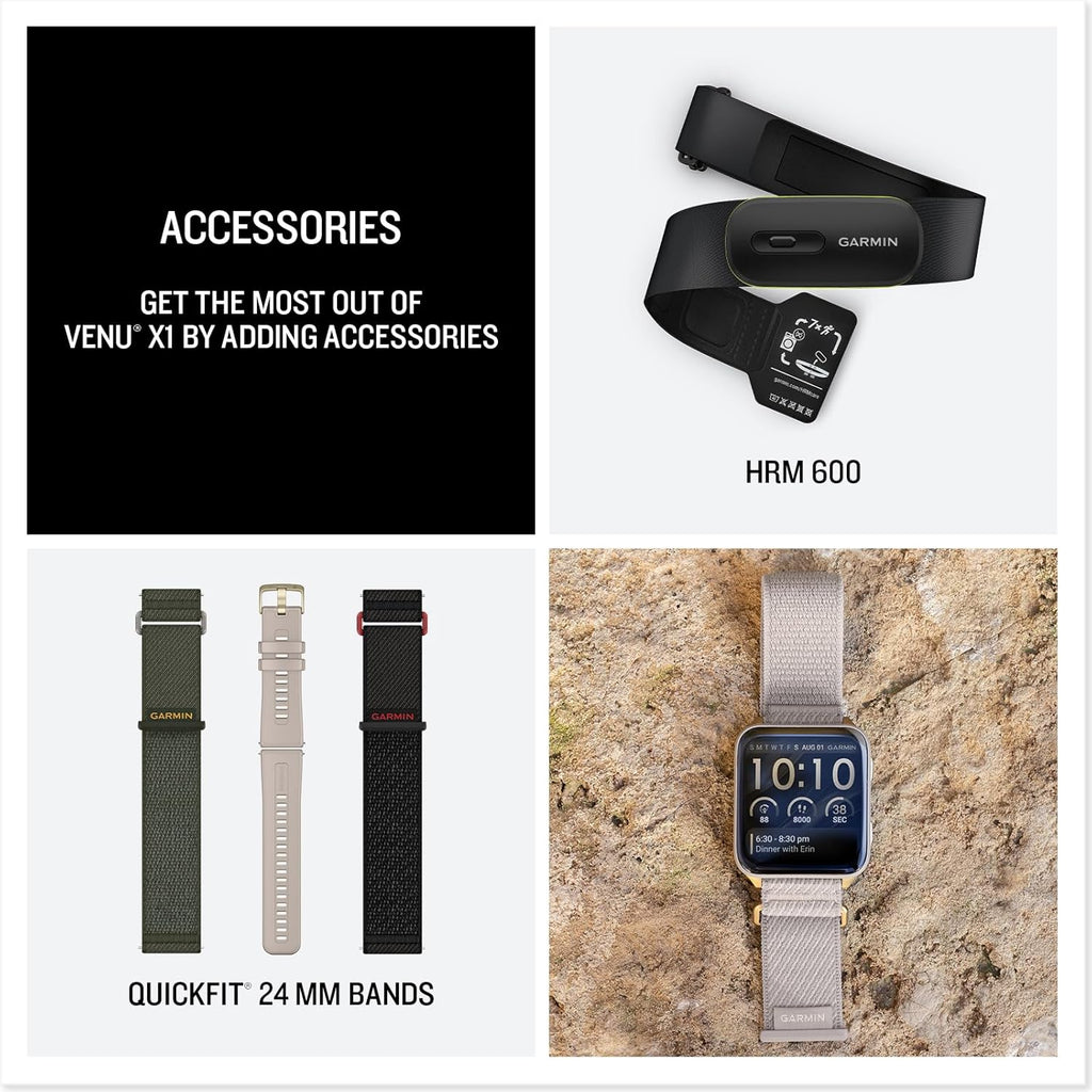 Garmin® Venu® X1  Thin and Lightweight GPS Smartwatch  AMOLED Display  Advanced Health and Fitness Features  Soft Gold with Titanium Caseback and French Gray ComfortFit Nylon Band