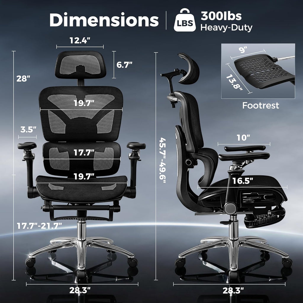 Ergonomic Office Chair with Footrest, Big and Tall Home Desk Chair, High Back Rolling Computer Chair with 5D Flip-Up Arms and Lumbar Support, Comfy Gaming Chair, Swivel Mesh Chairs, Black