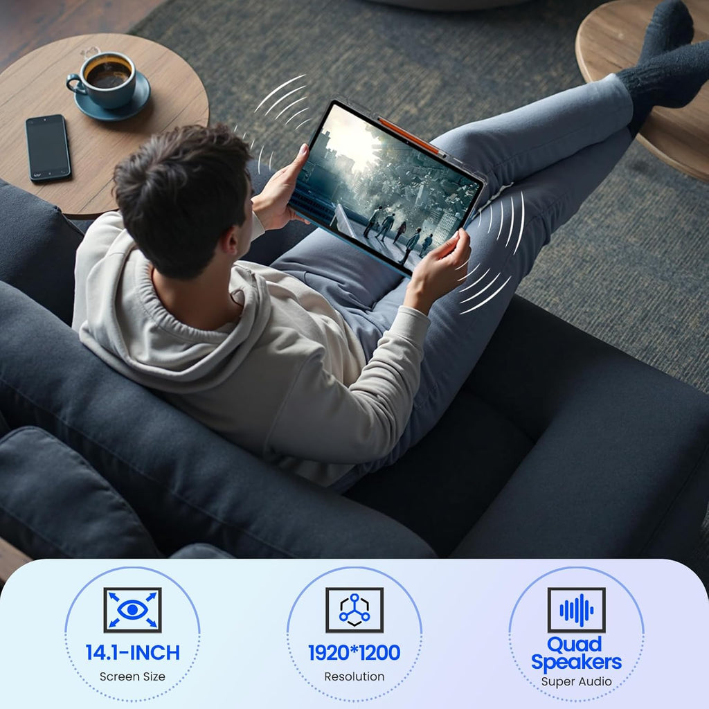 14 inch Large Screen Tablet  Android 15 Tablet 16GB RAM 256GB ROM  1920 * 1200 IPS FHD Display  Widevine L1  10000mAh 18W Charging  Wi-Fi & Bluetooth  4G LTE  with Stand Case & Stylus